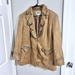 Stella Louise For KB Vintage Tan Suede Embroidered 20W Trim Button Blazer